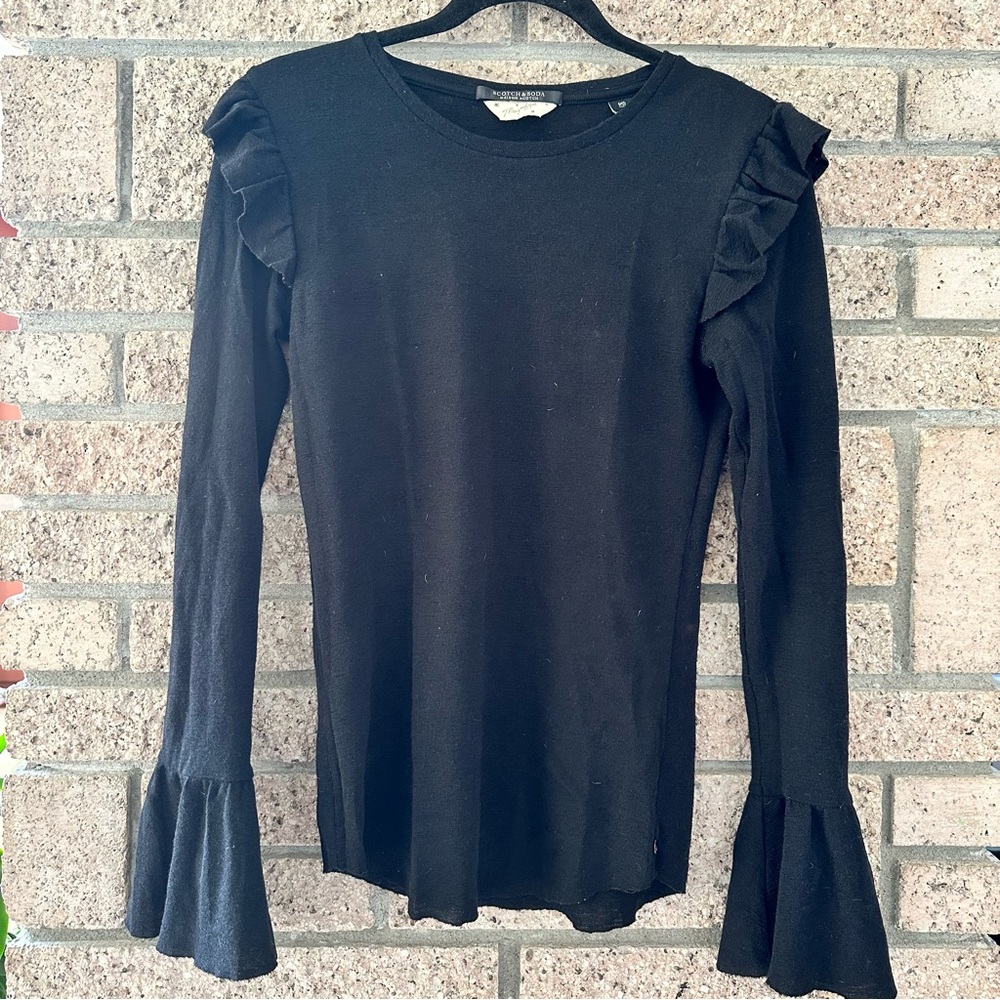Scotch & Soda semi sheer black ruffle wool top